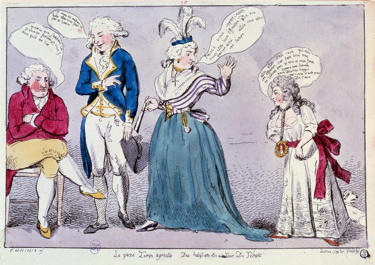 Den franske revolusjonen: Tegneserie mot familien til dronning Marie Antoinette (1755-1793) og Louis XVI innelåst i tempelfengselet. Dronningen og kongens søster Madame Elisabeth krangler under øynene restene av kongen. Ordene deres er skrevet i bobler av Unknown artist