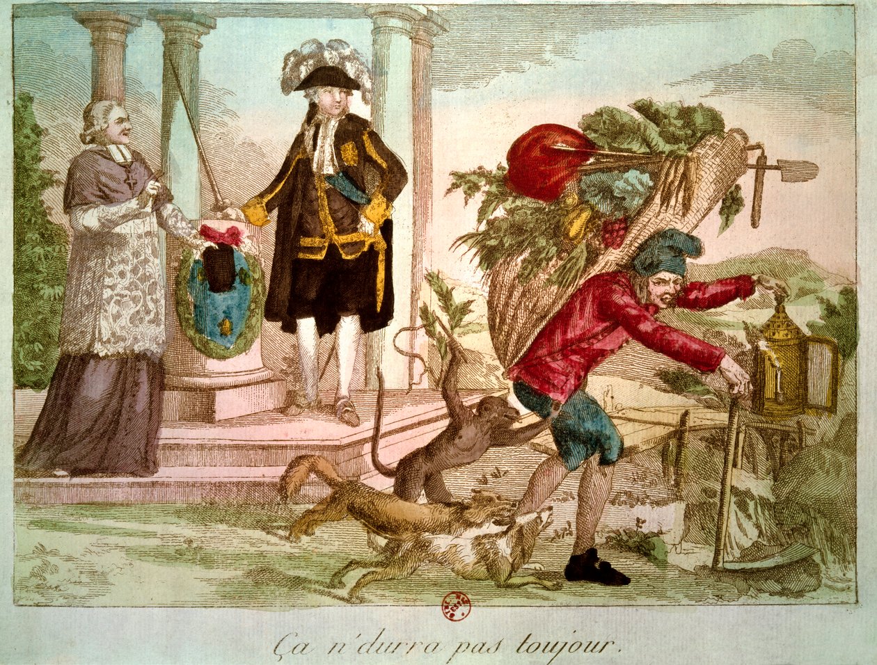 Fransk revolusjon: "" Det vil ikke alltid vare "": bonde overveldet av en prelat og en adel. Gravering fra 1700-tallet. B.N., Paris. av Unknown artist