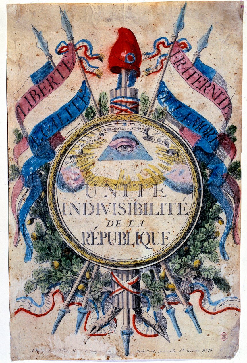 Fransk revolusjon: "" Liberte, egalitet, brorskap eller død. Foren republikkens udelelige, de revolusjonære symbolene av Unknown artist