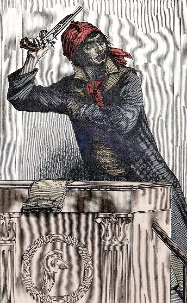 Fransk revolusjon: Portrett av Jean Paul Marat (1743-1793), montagnard-deputat ved konvensjonen, grener en pistol ved podiet - av Unknown artist