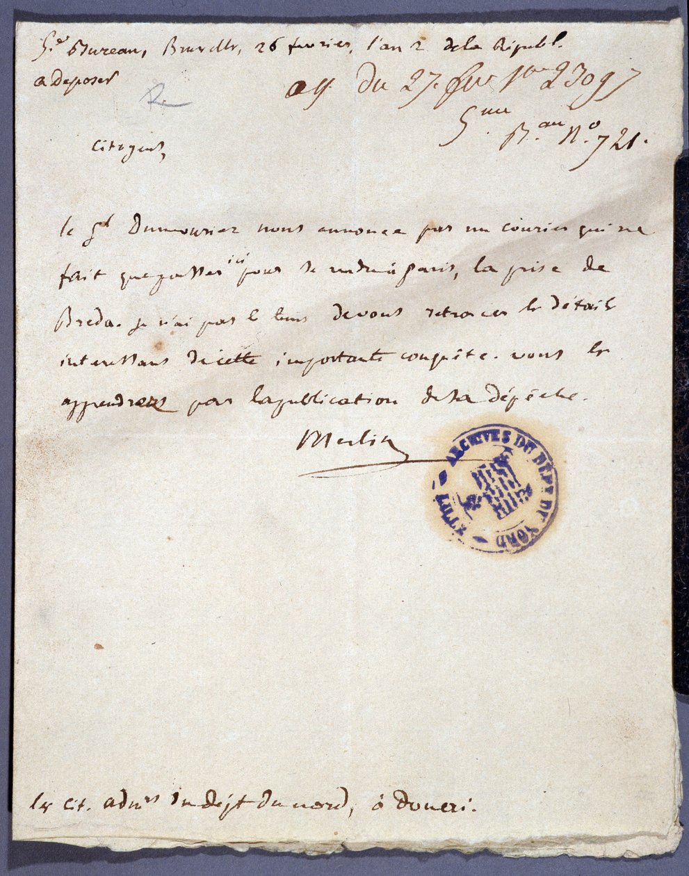Fransk revolusjon: håndskrevet brev datert 26.02.1793 fra en denomme Merlin om erobringen av byen Breda i Holland 24. februar av general Dumouriez. Avdelingsarkivet Nord Lille av Unknown artist