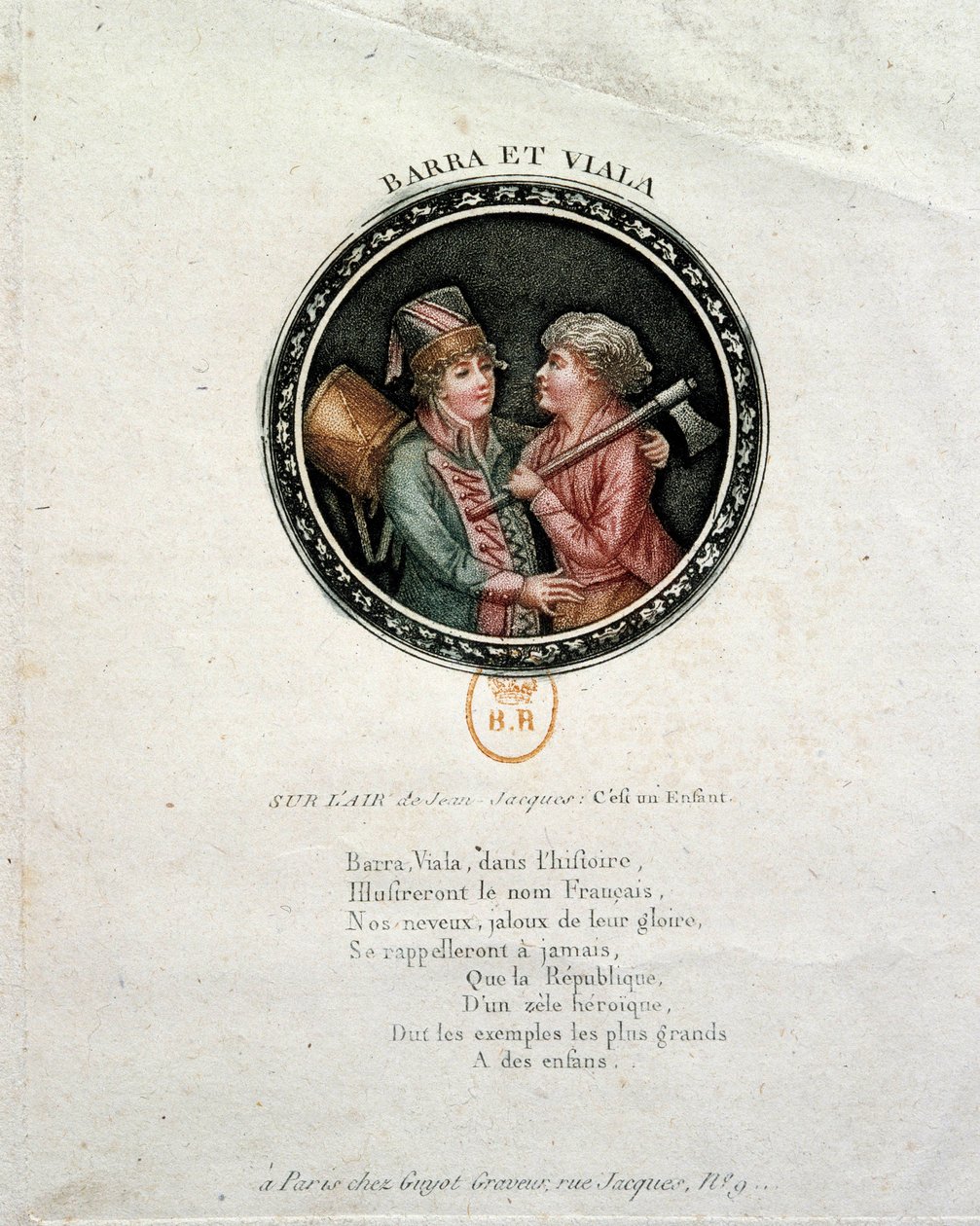Fransk revolusjon: representasjon av Barra og Viala. Joseph Agricol Viala (1780-1793) og Joseph Bara (1780-1793), heltebarn fra den franske revolusjonen som kjempet henholdsvis i Marseille og i Vendee for Republique. Gravering fra 1700-tallet av Unknown artist