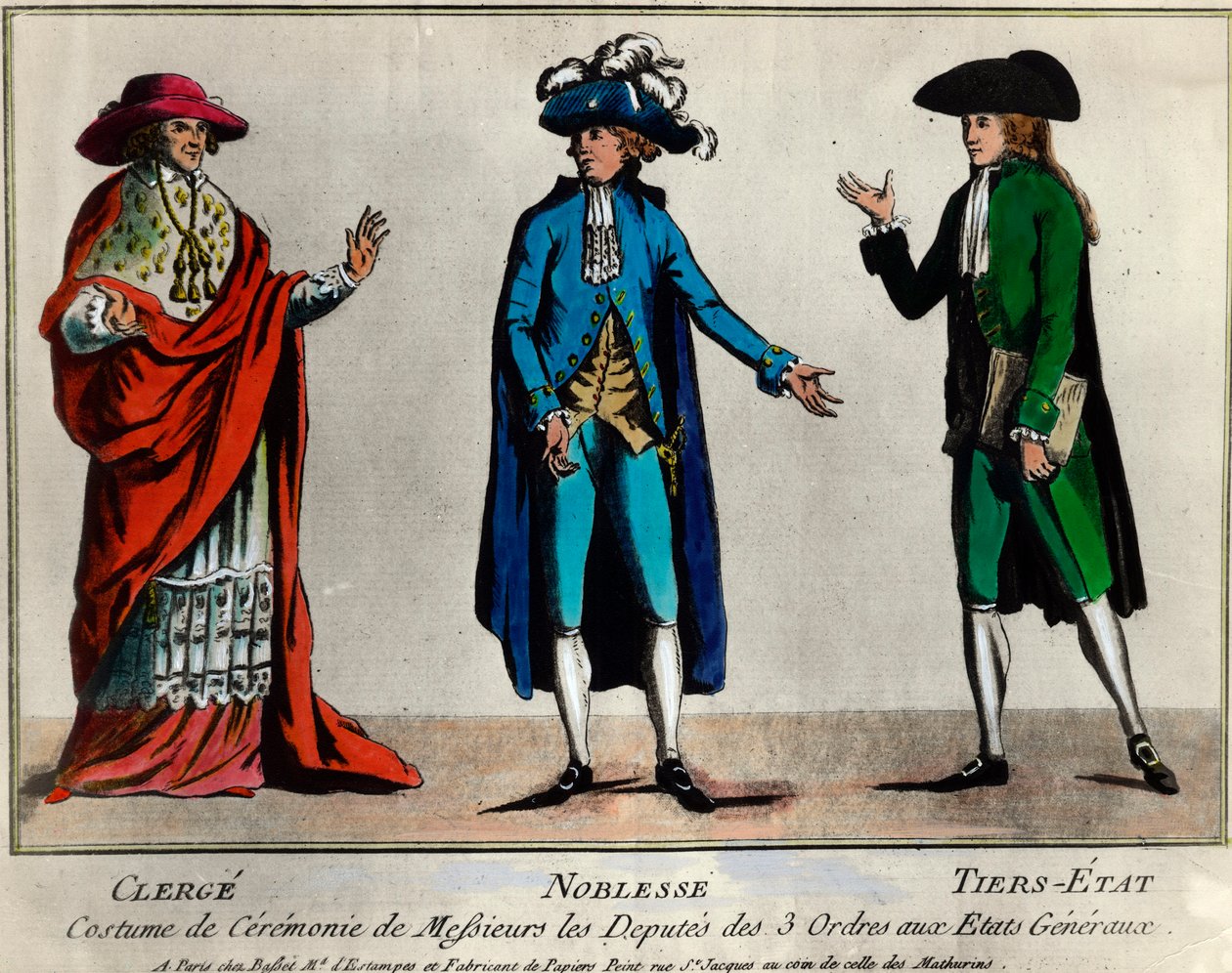 Fransk revolusjon: representasjon av deputatene til de tre ordenene i Generalstatene i seremoniell drakt: presteskapet, adelen og den tredje staten (tredje stater). Trykk fra slutten av 1700-tallets privatsamling av Unknown artist