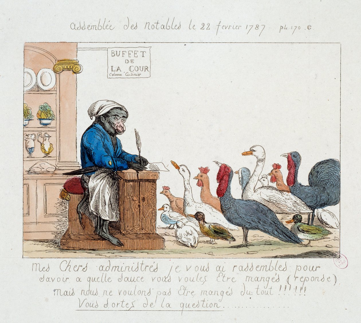Fransk revolusjon: "" the Assembllee des notables du 22. februar 1787"" Karikatur som representerer kong Louis XVI i apekokk som leder en forsamling bestående av kalkuner, høner, gjess og kalkuner. Tegning fra 1700-tallet. Paris Musée Carnavalet av Unknown artist