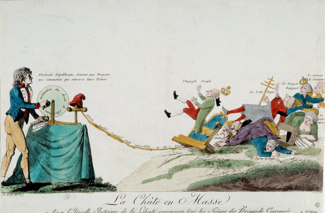 Den franske revolusjonen: slutten på despotismen. En mann sender elektriske utladninger (menneskerettighetssveiv) til europeiske herskere som faller fra tronen deres. Gravering rundt 1789. Paris, Musee Carnavalet av Unknown artist