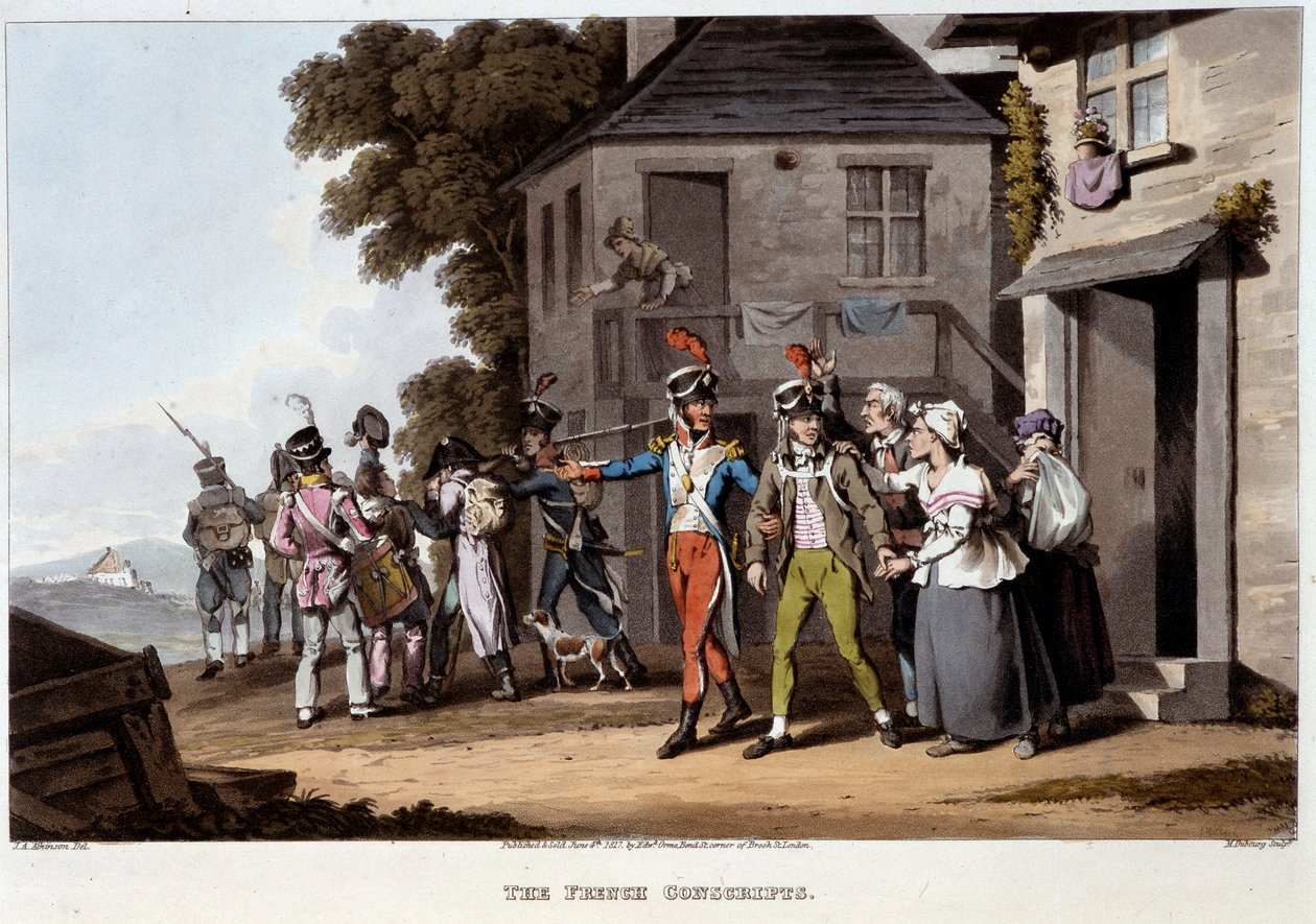 Franske vernepliktige, ca. 1814 - i "" Historiske, militære og marine anekdoter og hendelser som ankom våpnene til Storbritannia og deres allierte, og endte i Waterloo" av Edward Orne av Unknown artist