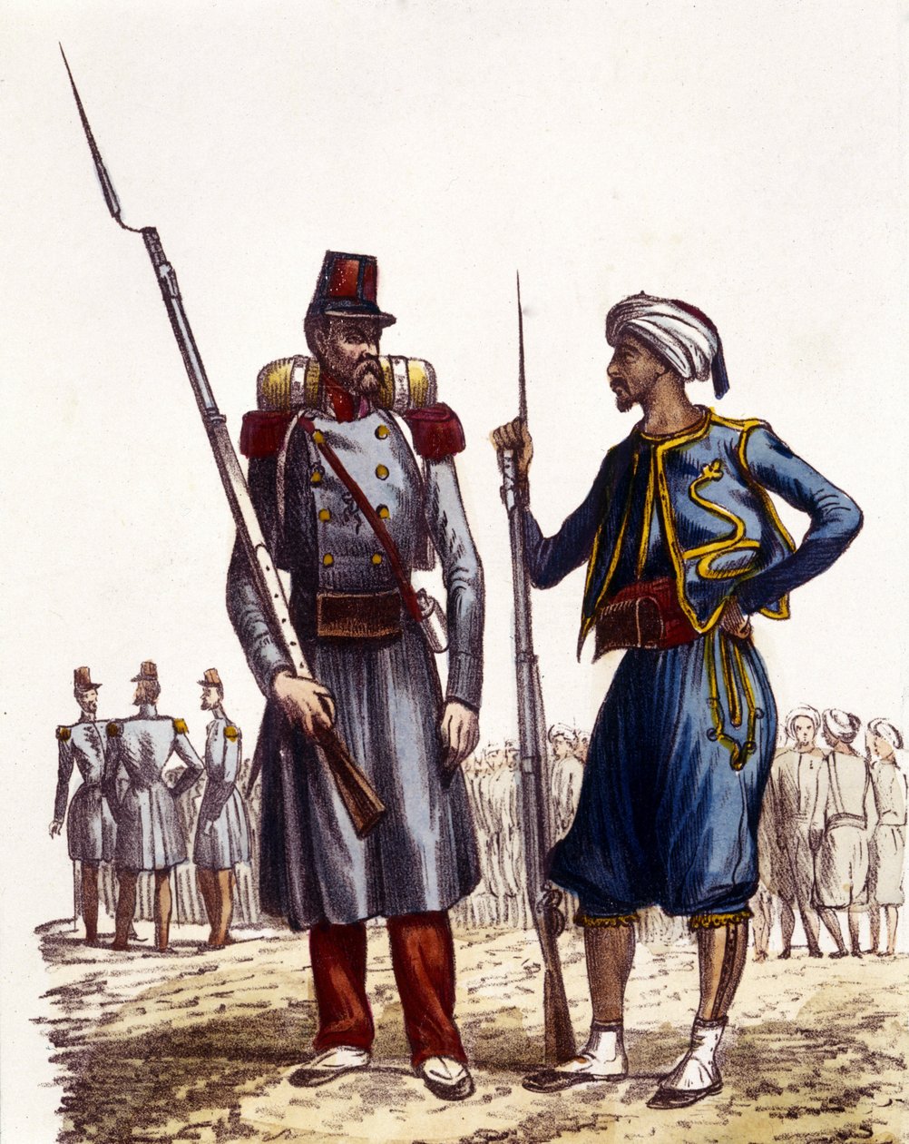 Fransk militæruniform: Til venstre dannet en fremmedlegion som ble sendt til Algerie i 1831. Til høyre urfolksryttere, trent og sendt til Algerie i 1841. I L