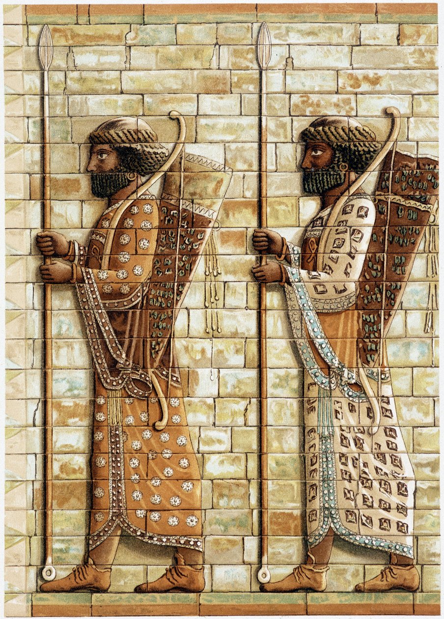 Frise av bueskytterne, de "udødelige" som danner de store kongenes vakt, oppdaget i Susa: Fax-imitasjon av et bas-relieff - i "" History and monuments of bysantine emails"" av N. Kondakow av Unknown artist
