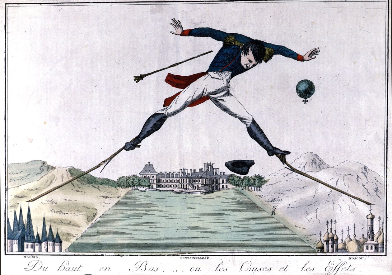 Fra topp til bunn... eller årsaker og virkninger. Tegneserie om abdikasjonen av Napoleon I til Fontainebleau etter den spanske krigen og den russiske retretten. 1814. . Milan av Unknown artist