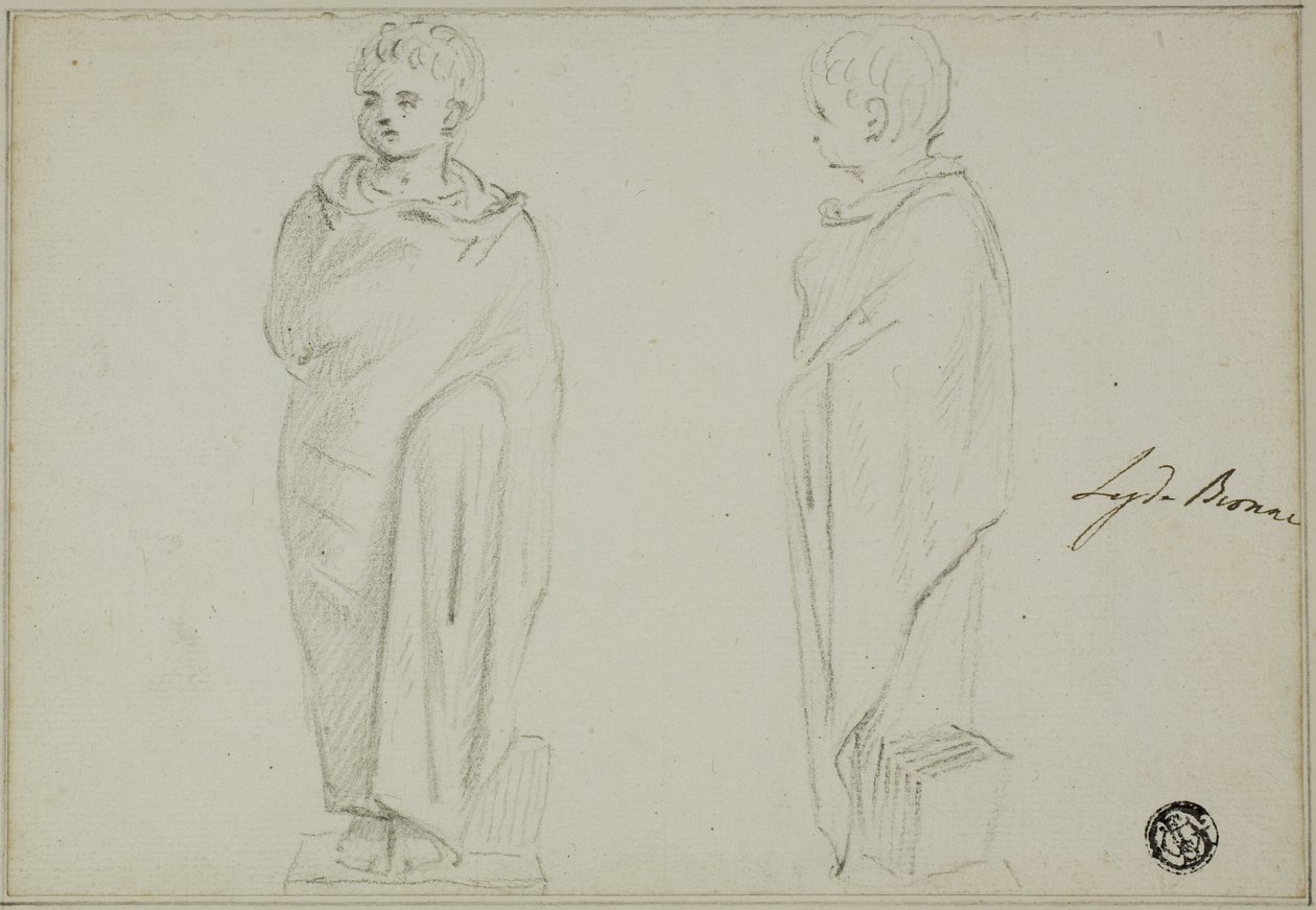 Forfra og fra siden av statuen av gutt kledd i Toga av Unknown artist