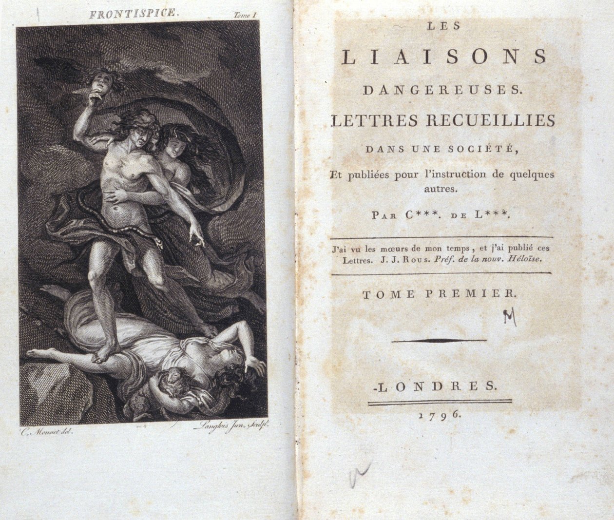 Frontispice og tittelside på boken "" Dangerous Liaisons"" av Choderlos de Laclos, London av Unknown artist