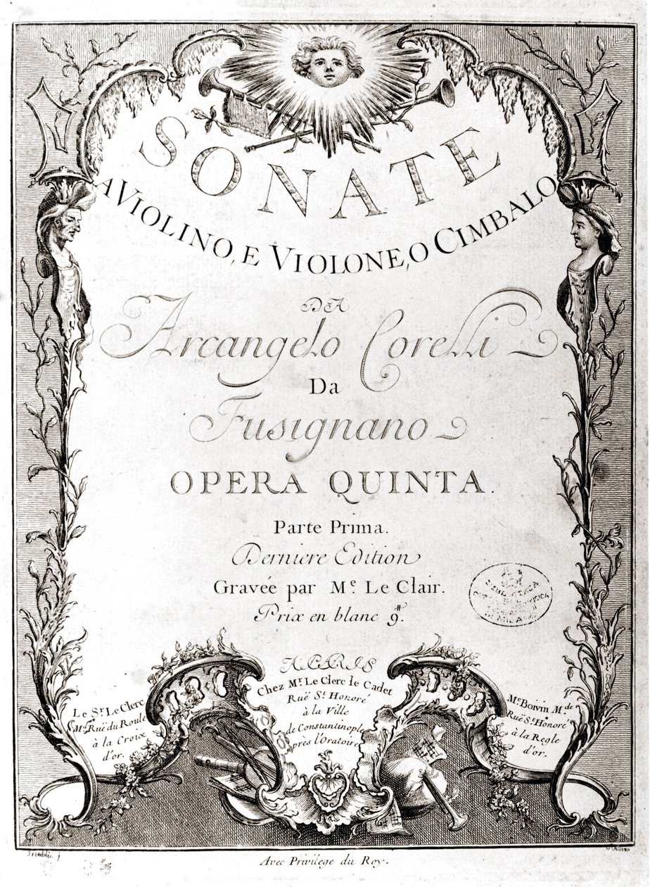 Frontispice av 12 sonater for fiolin, bass og cembalo av Arcangelo Corelli (1653 - 1713). fransk versjon. av Unknown artist