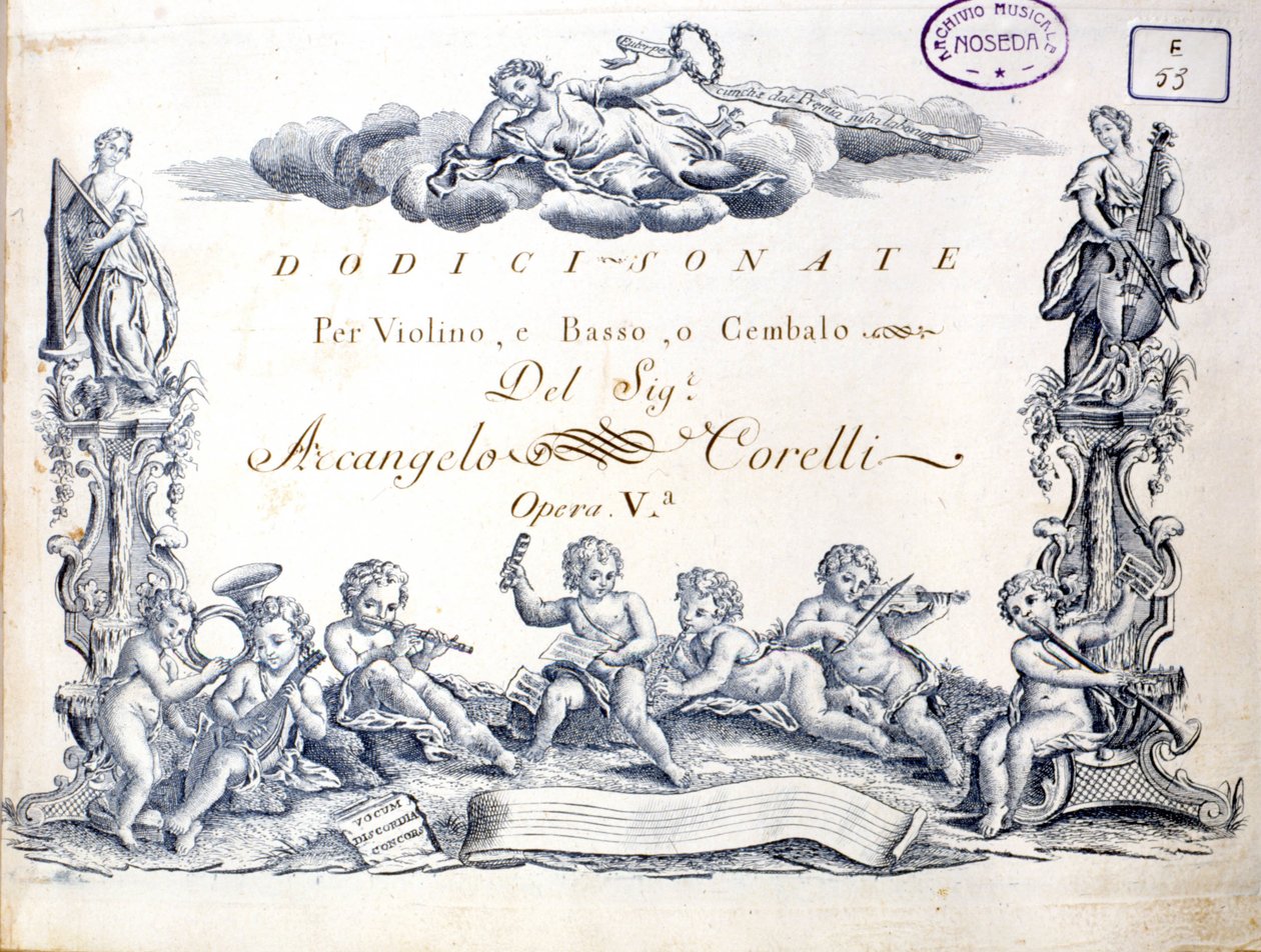 Frontispice av 12 sonater for fiolin, bass og cembalo av Arcangelo Corelli (1653 - 1713). av Unknown artist