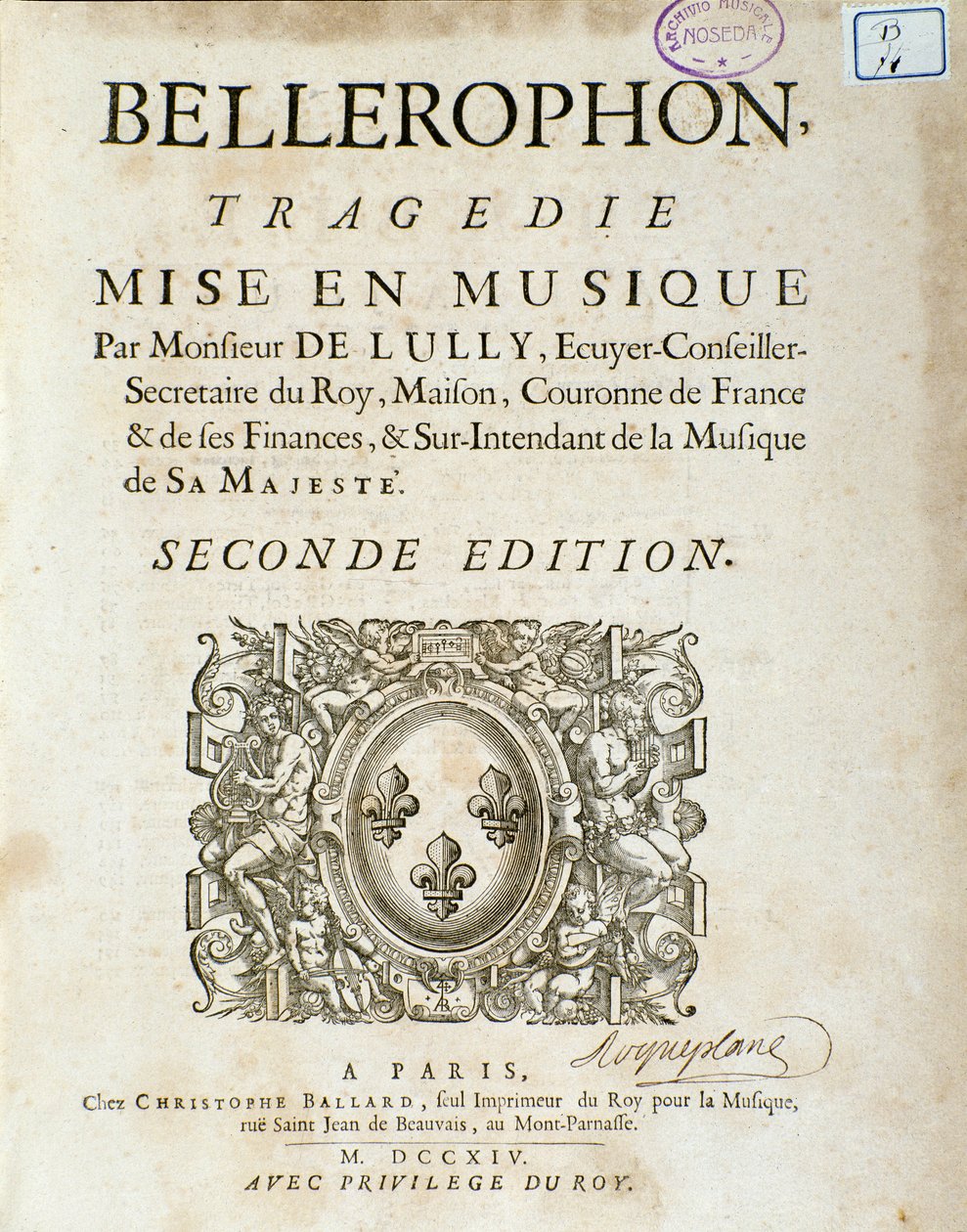 Frontispice av "" Bellerophon "" Lyrique-tragedie i fem akter med en prolog av Jean Baptiste Lully (Giovanni Battista Lulli) (Jean-Baptiste) (1632-1687). 1714. av Unknown artist