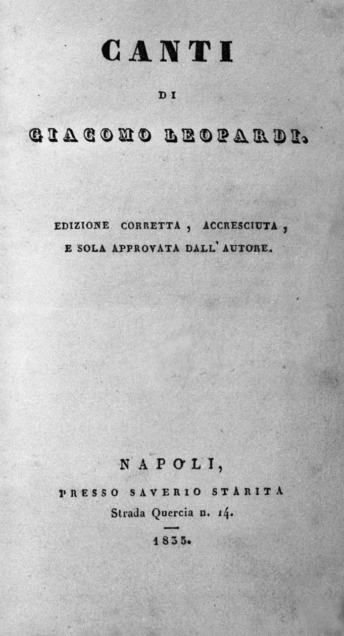 Frontispice av "" Canti "" (Chants) av den italienske poeten Giacomo Leopardi (1798 - 1837) 1835 av Unknown artist