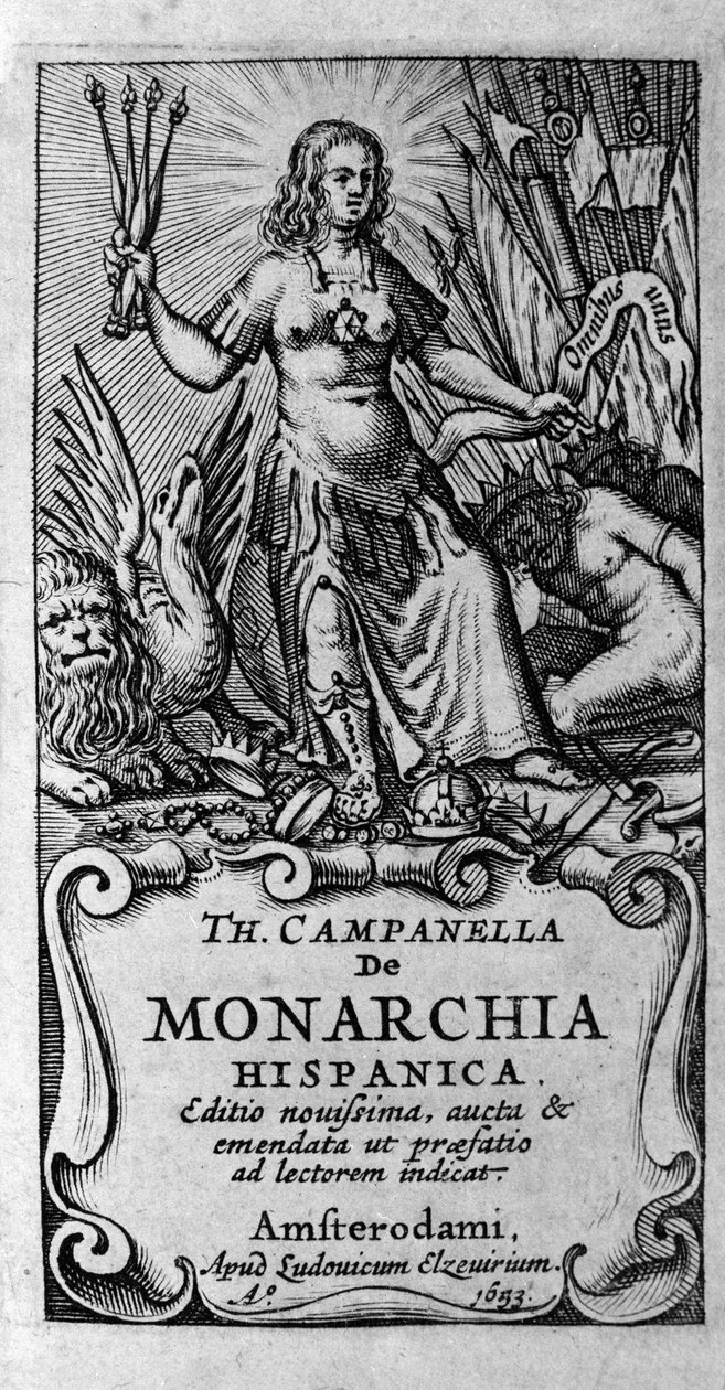Frontispice av "" De monarchia hispanica"" (Monarkiet i Spania) av den italienske filosofen Tommaso Campanella (1568-1639). 1683 av Unknown artist