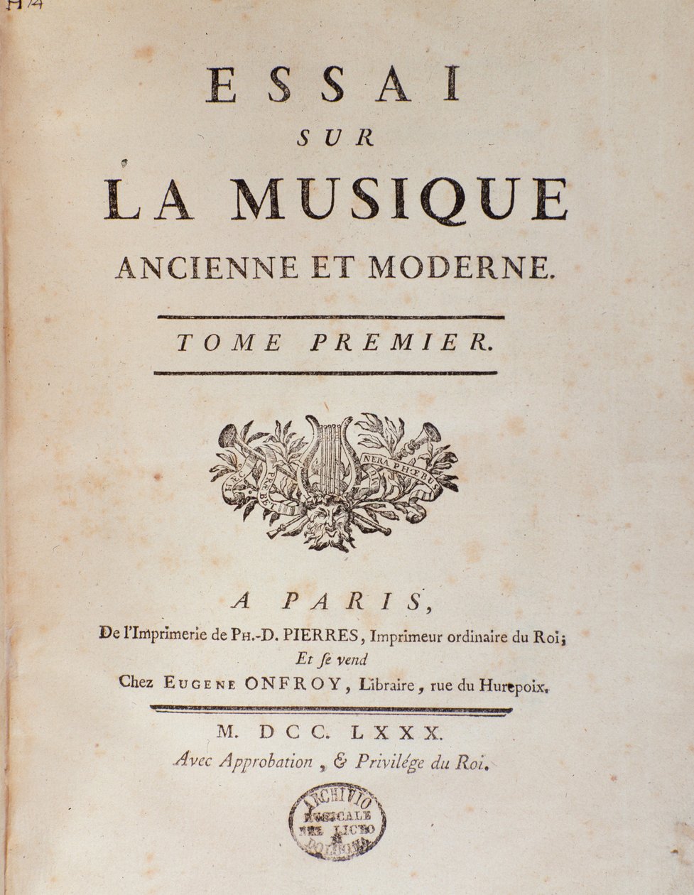 Frontispice av ""Essay om gammel og moderne musikk"" av Jean Benjamin de Laborde (Jean-Benjamin de La Borde) (1734-1794) 1780 Bologna, civico museo musicale av Unknown artist