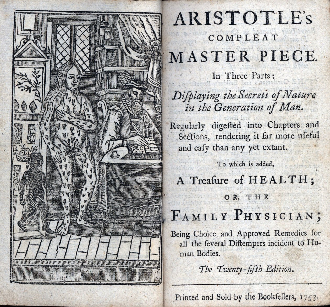 Frontispice av en medisinsk behandling av den greske filosofen Aristoteles (384-322 f.Kr.). (ARISTOTTELESS KOMPLETTE MESTERVERK I TRE DELER. VISER NATURENS HEMMELIGHETER I MENNESKETS GENERASJON) 1753 av Unknown artist
