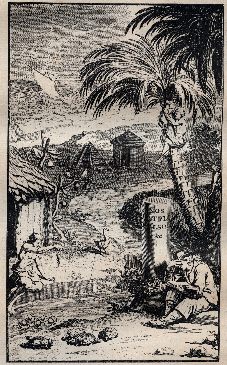 Frontispice of the book “” Voyages et aventures de Francois Leguat et de ses compagnons en deux isles desertes des Indes Orientale”” by Francois Leguat (1637-1735) French explorer - 1708 av Unknown artist