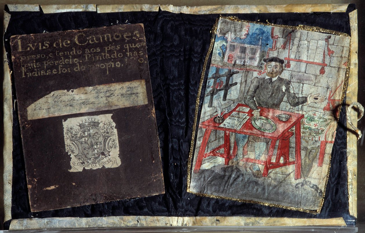 Frontispice av diktsamlingen til den portugisiske poeten Luis Vaz de Camoes, kjent som Camoans (1525-1580). Poeten er fengslet der. Lisboa, Nasjonalmuseet for antikk kunst av Unknown artist