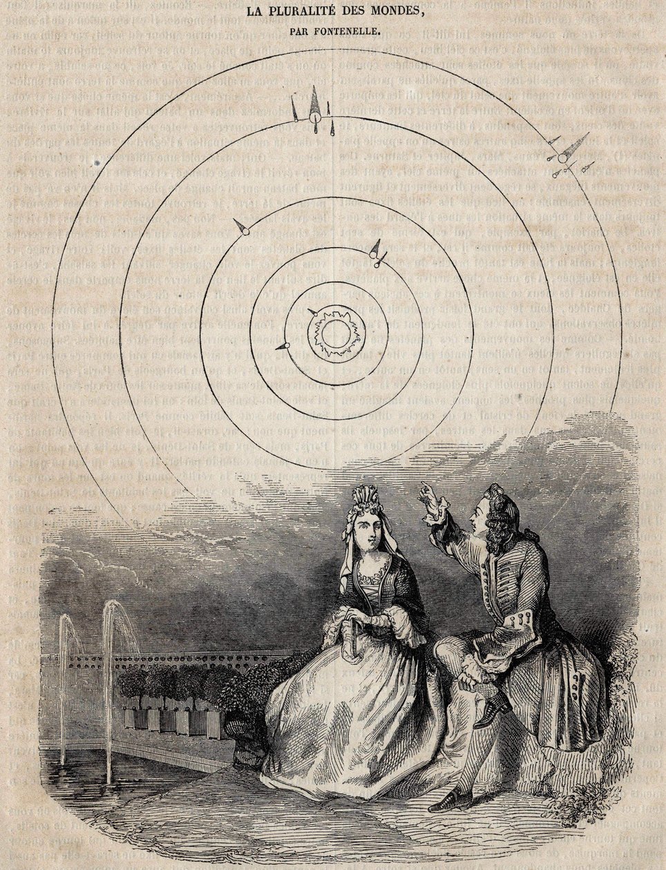 Frontispice of the "plural of worlds" av Bernard Le Bouyer (Le Bovier) av Fontenelle (1657-1757) gravert av Bernard Picard i 1756 av Unknown artist