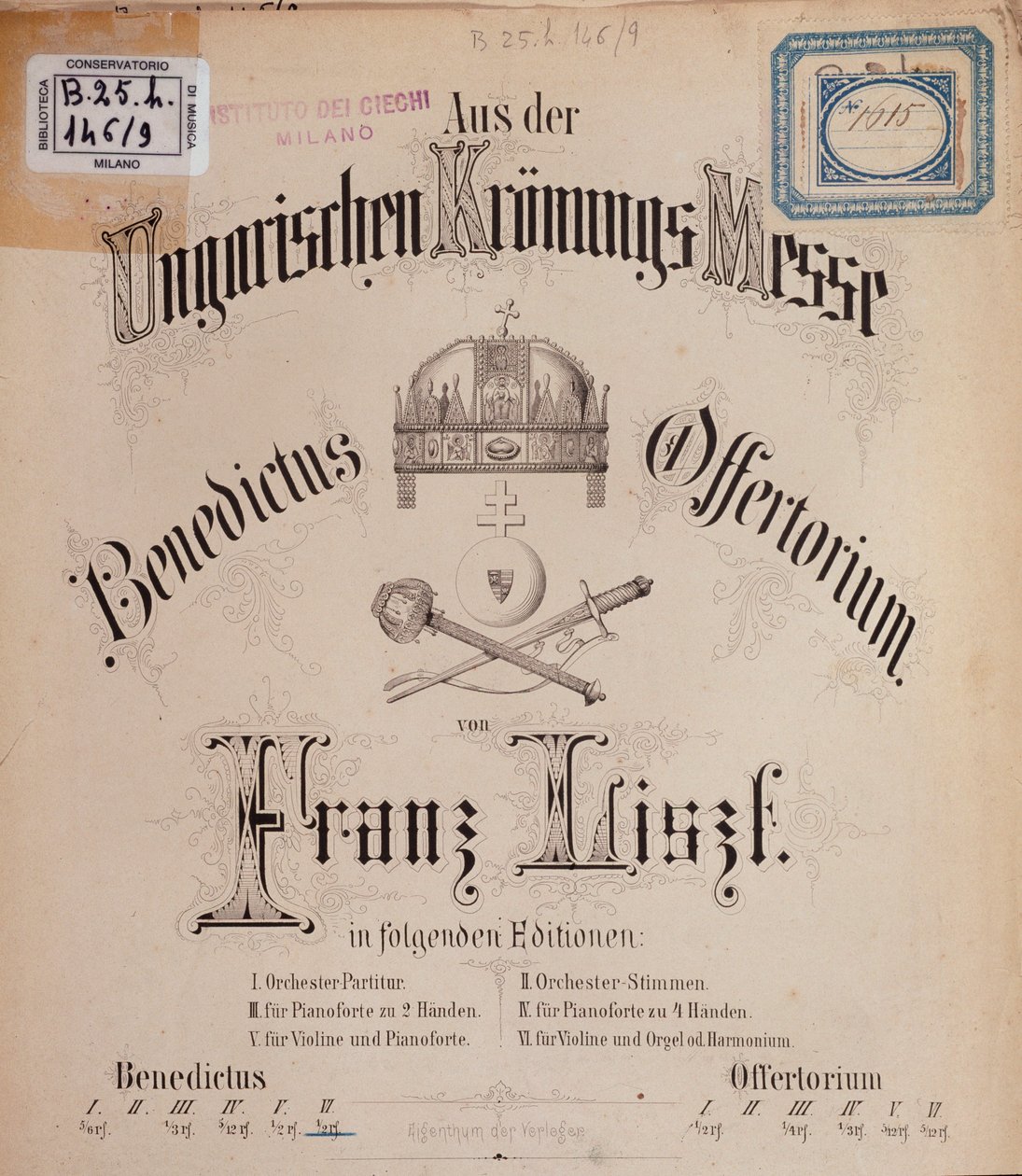 Frontispice av partituret Ungarsk kroningsmesse av Liszt (1800-tallet) av Unknown artist
