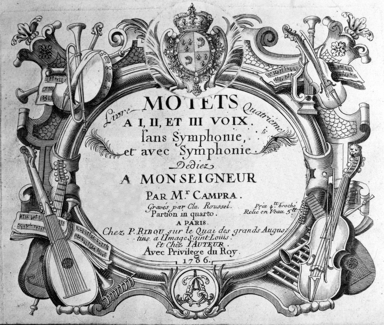 Frontispice of the score of the fourth book of motets by Andre Campra. 1706 av Unknown artist