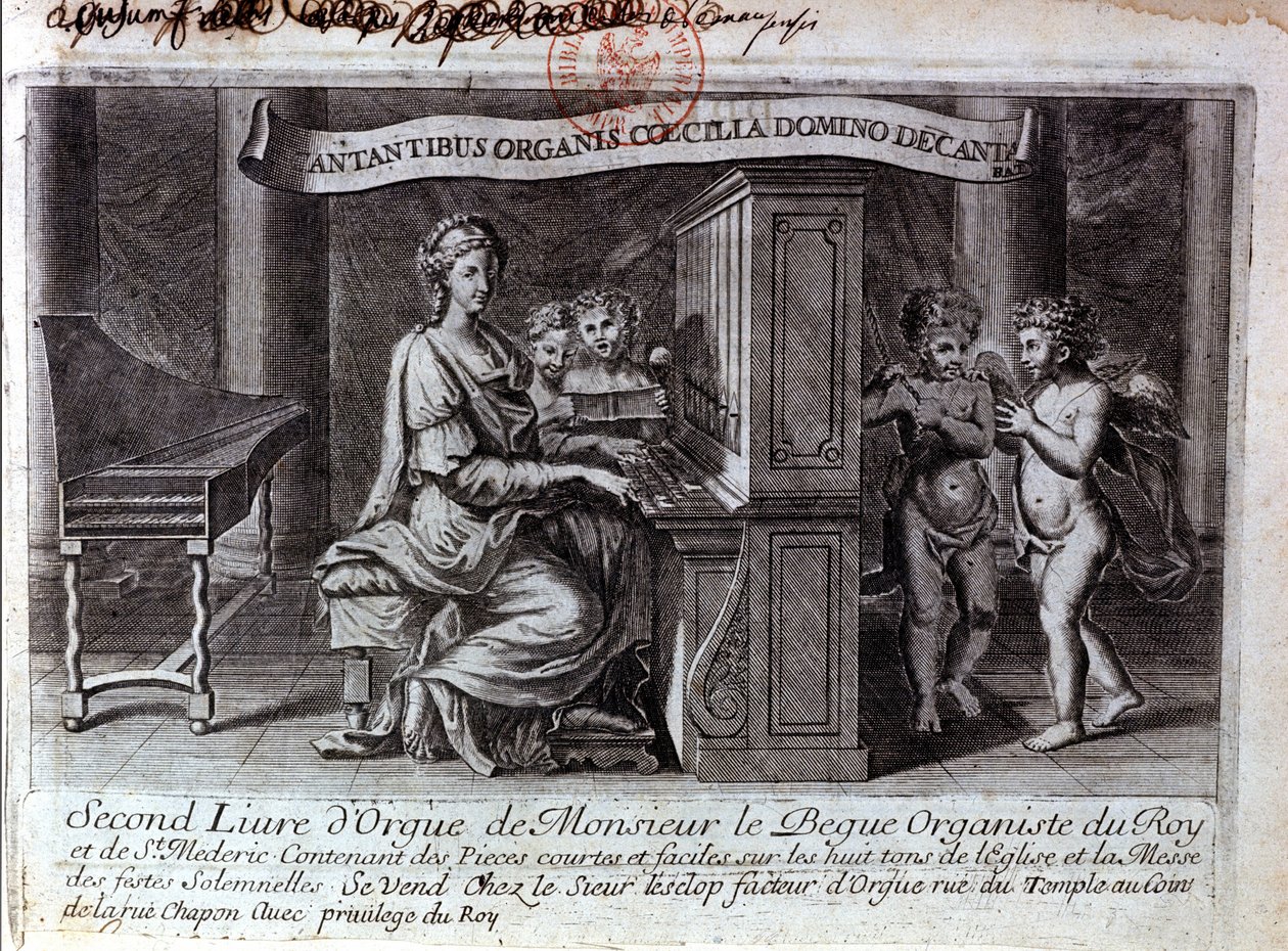 Frontispice av den andre orgelboken av Mr. Nicolas Lebègue. Fransk komponist 1631 til 1702. Organist i tjeneste for Ludvig XIV. Paris BNF av Unknown artist