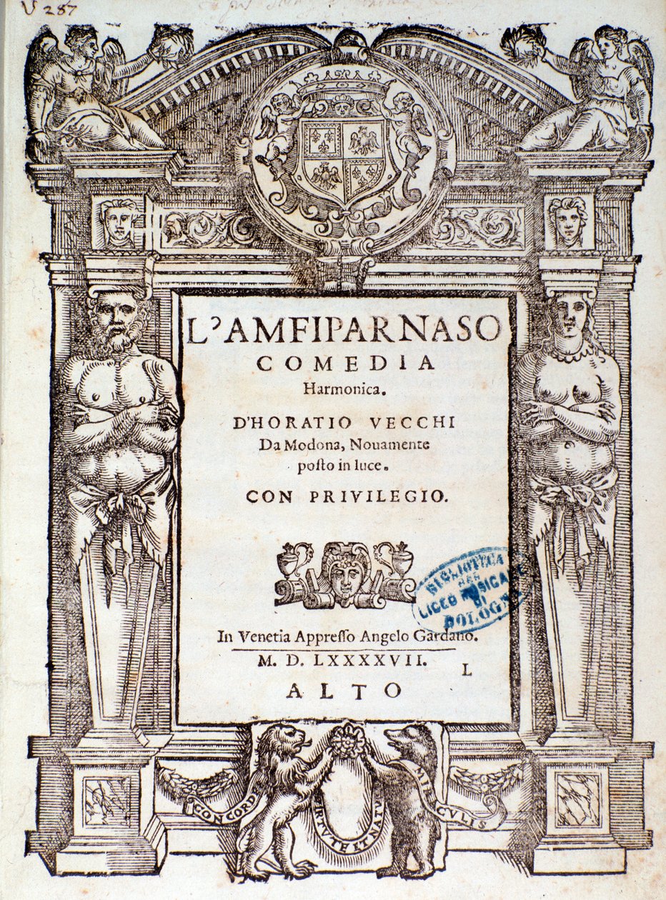 Frontispice fra Amfiparnaso madrigalkomedie av Orazio Vecchi av Unknown artist
