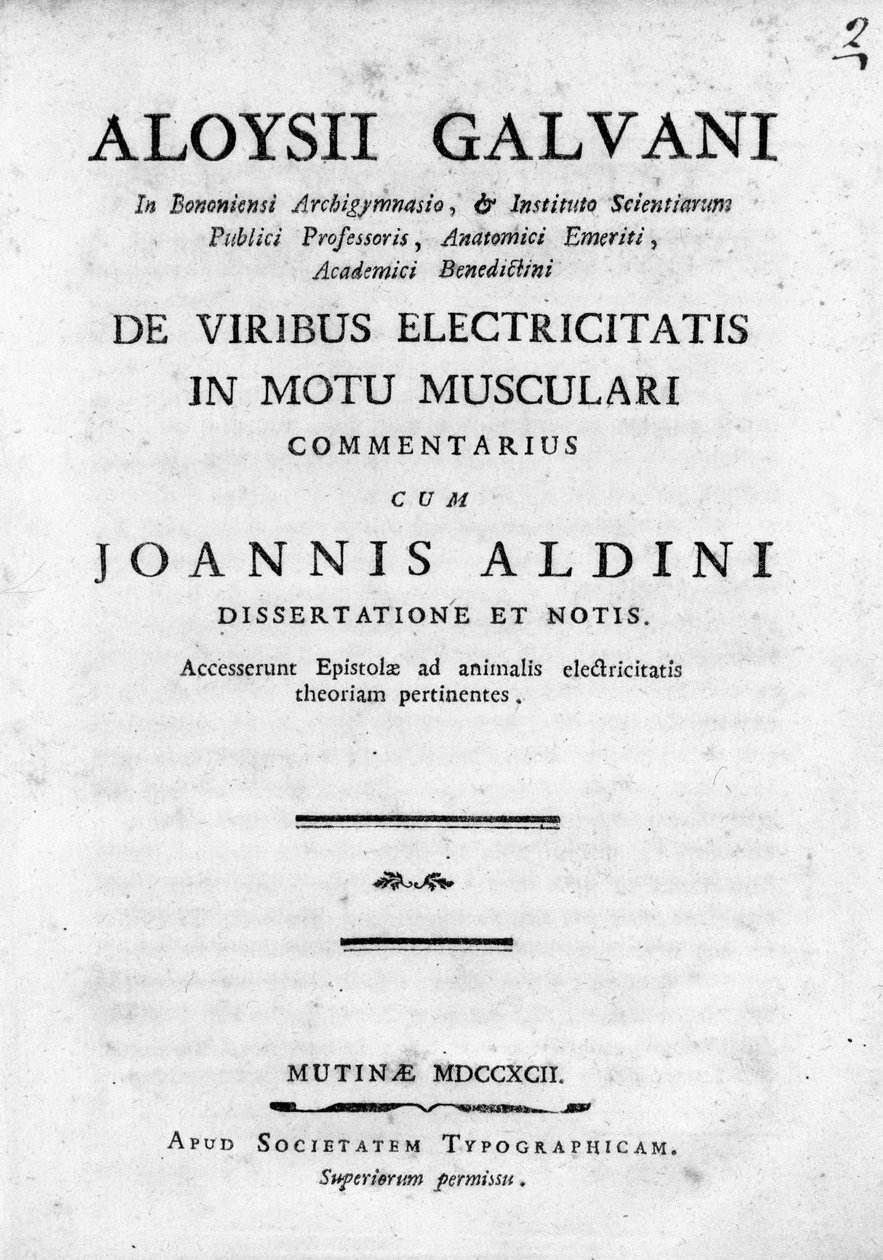 Frontispice av ""De Viribus Electricitatis in Motu Musculari Commentarius""" En avhandling om sirkulasjonen av elektrisitet i musklene til dyr, av Luigi Galvani, italiensk fysiker av Unknown artist