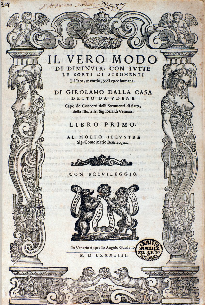 Frontispice av "" Il vero modo di diminuir "" avhandling om ornamentikk av Girolamo Dalla Casa av Unknown artist