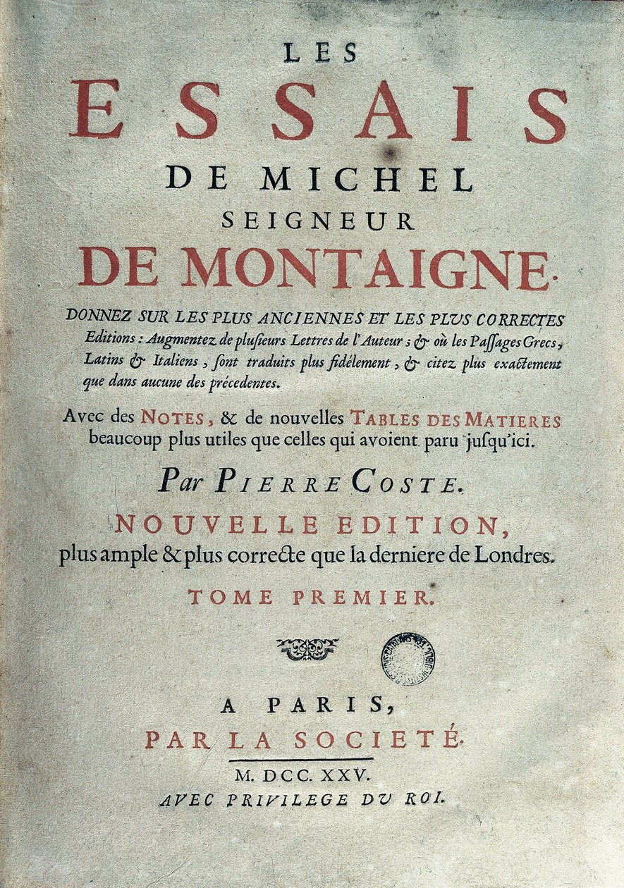 Frontispice av "" Les essays "" av den franske forfatteren og humanisten Michel de Montaigne (1533-1592). 1725 Barcelona. Biblioteca de Catalunya av Unknown artist