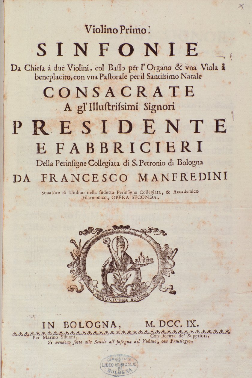 Frontispice av musikalsk partitur fra Sinfonia da chiesa og to fioliner av Francesco Manfredini av Unknown artist