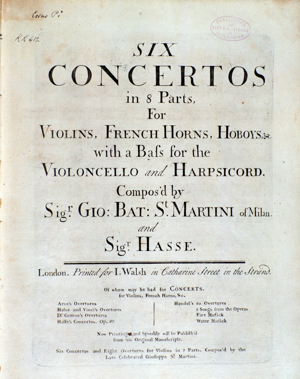 Frontispice av musikalsk partitur av seks konserter i 8 deler av GB Sammartini og JA Hasse av Unknown artist