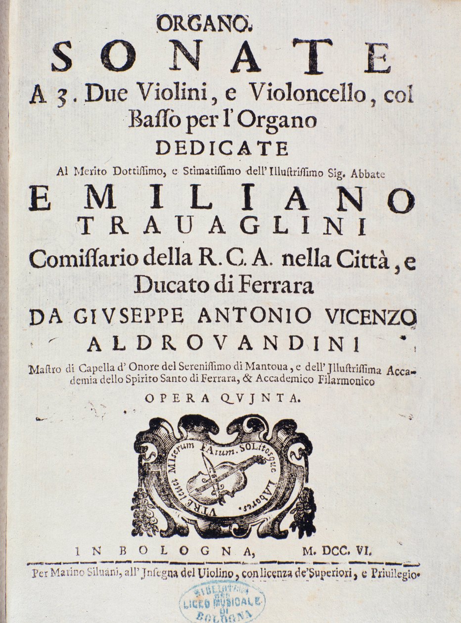 Frontispice av partitur av "" Sonate for 2 fioliner, cello og orgel, op. 5 ”” av Giuseppe Aldrovandini av Unknown artist
