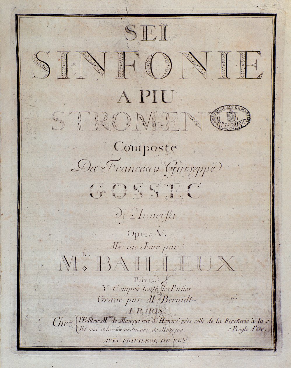 Frontispice av partituret til Sei sinfonie a piu strumenti op. 5 (første symfoni) av Francois Joseph Gossec av Unknown artist