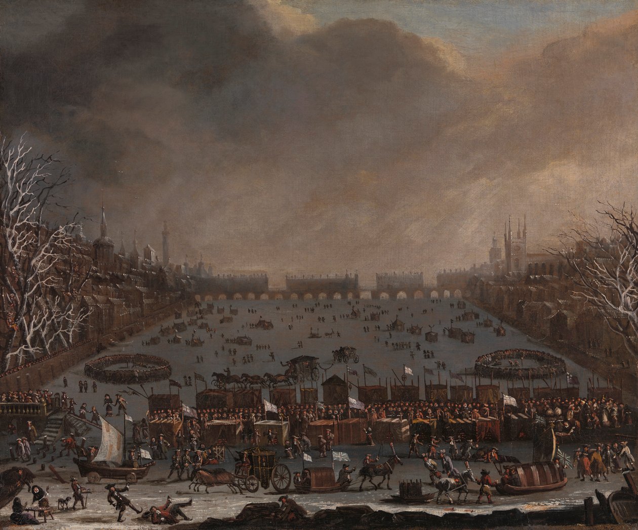 Frost Fair på Themsen, med Old London Bridge i det fjerne av Unknown artist