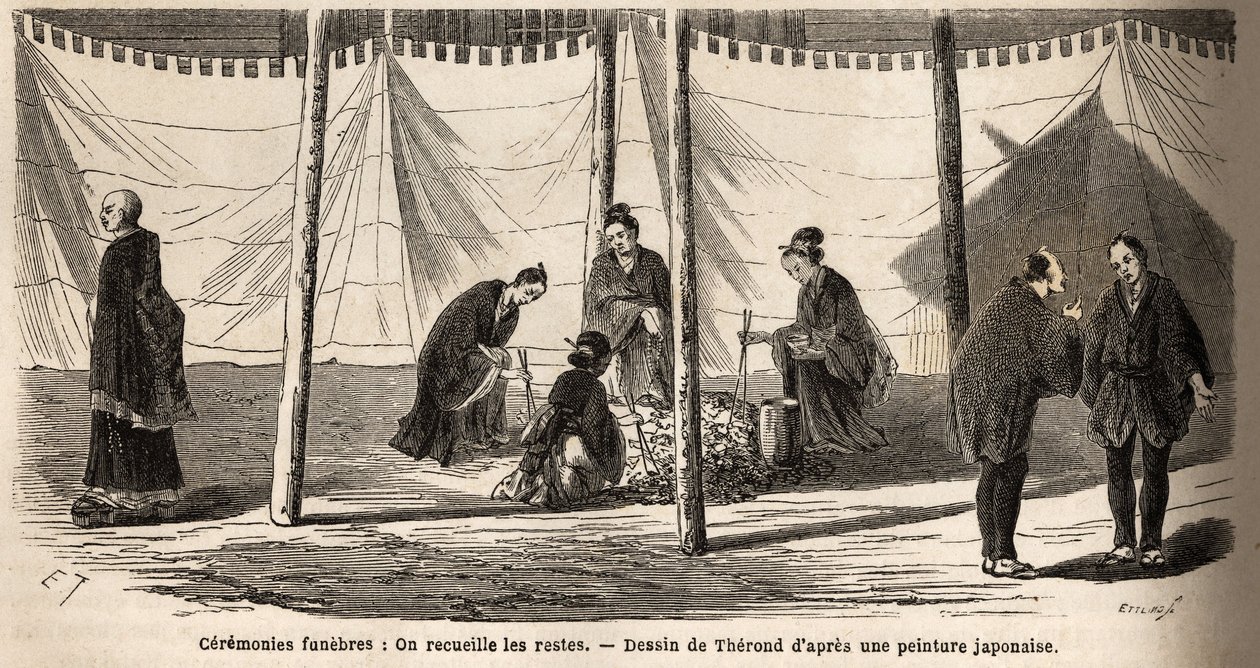 Begravelsesseremonier: etter forbrenning, innsamling av levninger. Gravering for å illustrere reisen til Japan i 1863-1864, av Aime Humbert, minister for det sveitsiske konføderasjonen, i "Le tour du monde, nouveau journal des voyages", utgitt under ledels av Unknown artist