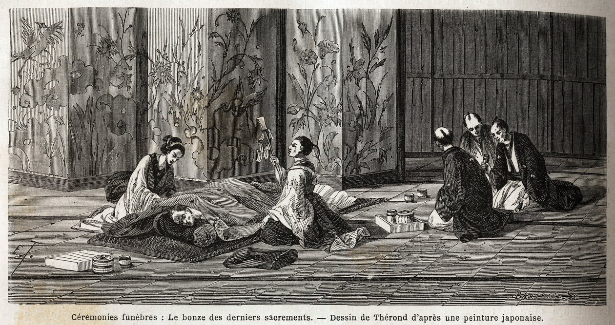 Begravelsesseremonier: munken av de siste sakramentene. Gravering for å illustrere reisen til Japan i 1863-1864, av Aime Humbert, minister for det sveitsiske konføderasjonen, i "Le tour du monde, nouveau journal des voyages", utgitt under ledelse av Edouar av Unknown artist