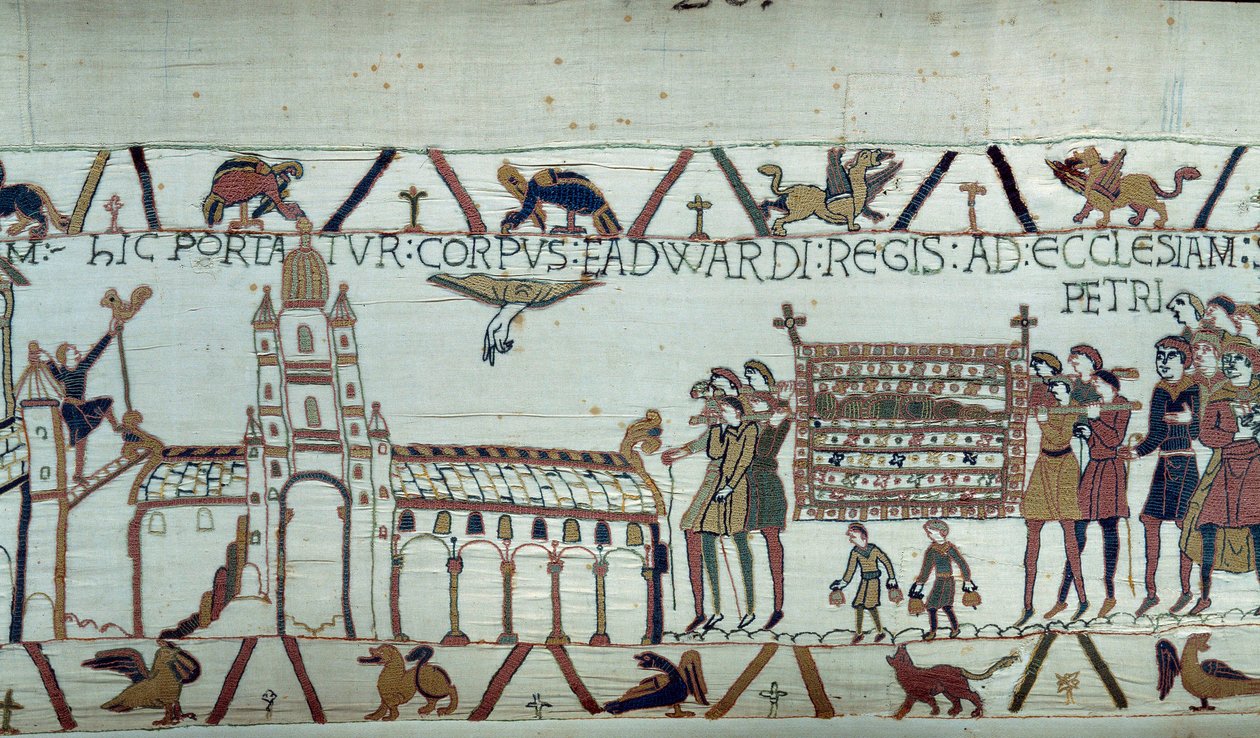 Begravelsen til kong Edvard bekjenneren av England, kroppen hans blir ført til St. Peter-kirken. Detalj av billedvev av Bayeux eller broderi av dronning Mathilde av Unknown artist