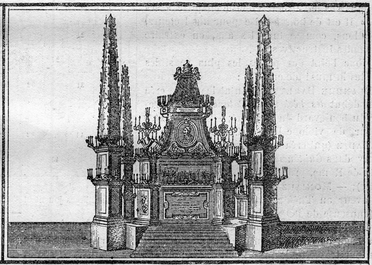 Begravelse av en pave på 1700-tallet: katafalken til den avdøde paven. Gravering i "Histoire des religions"". av Unknown artist