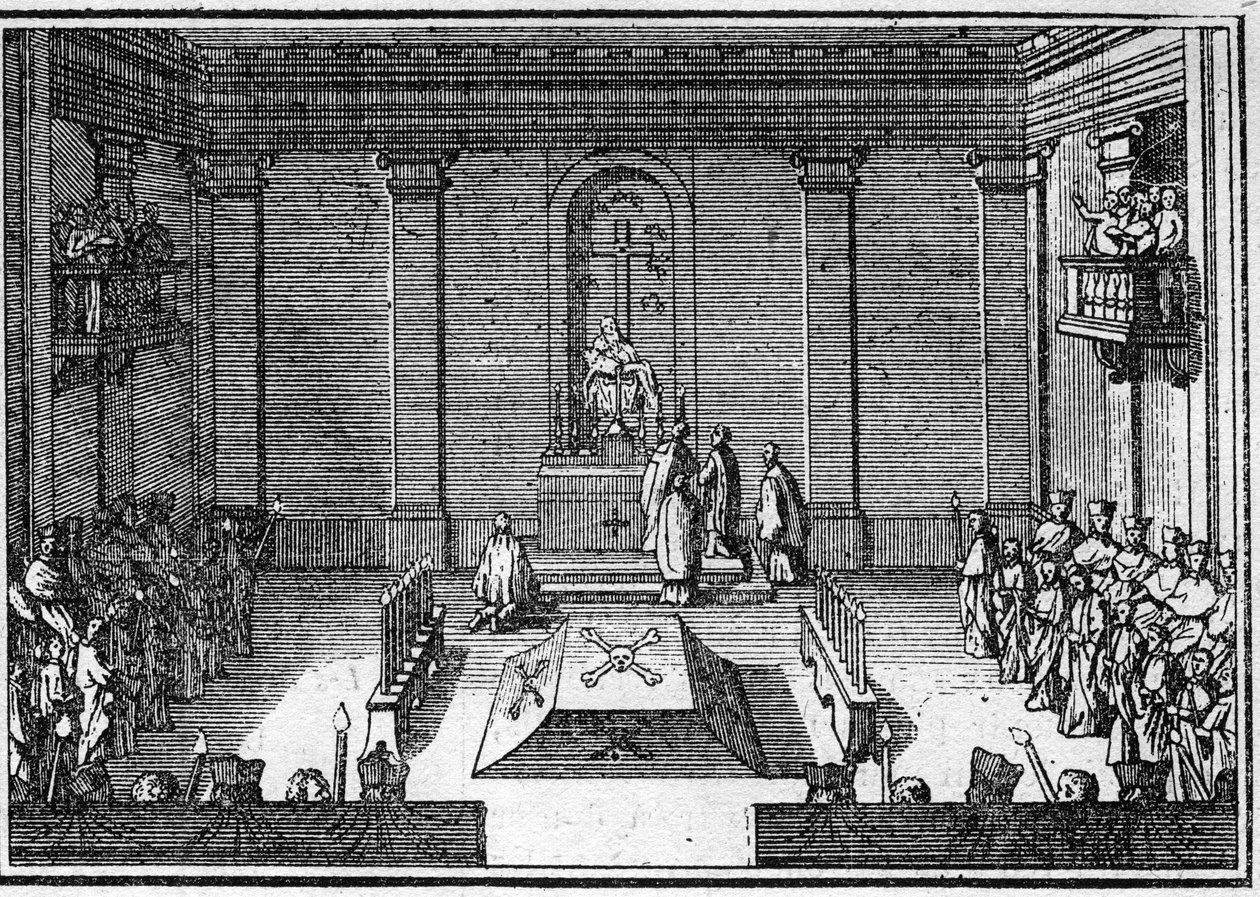 Begravelse av en pave på 1700-tallet: seremonien for obseques. Gravering i "Histoire des religions"". av Unknown artist
