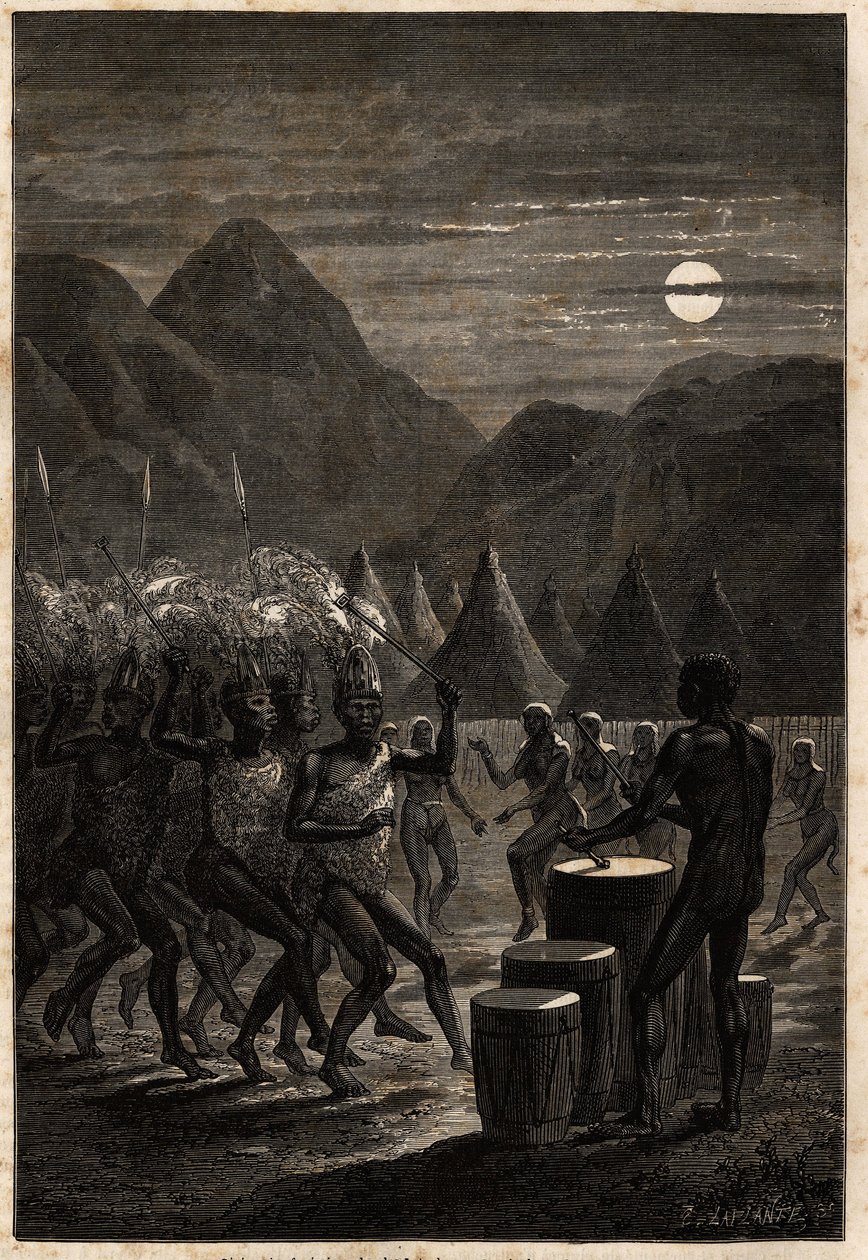Begravelsesseremoni blant Lakutas (stamme som ligger i Upper Nile-regionen), trommer og rituelle danser i måneskinnet. Engravure pour illustration le voyage au lac Albert, en 1861-1864, av Sir Samuel White Baker, i "Le tour du monde, nouveau journal des av Unknown artist