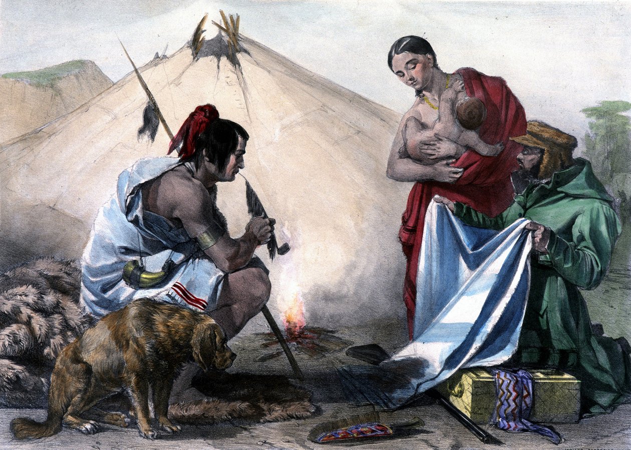 Pelsbytte for stoff mellom kanadiske Huron-indianere og hvit mann - i "" Shyths sketcher in the Canadas"" av Coke Smyth, London av Unknown artist