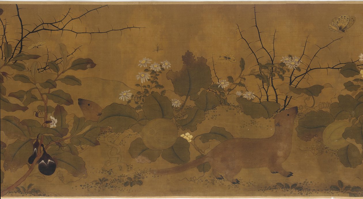 Hagescene: meloner, eggplanter, blomster og to veslinger av Unknown artist