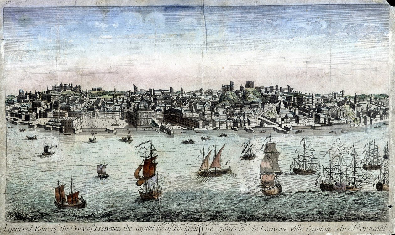 Generell utsikt over Lisboa, hovedstaden i Portugal - gravering av Unknown artist