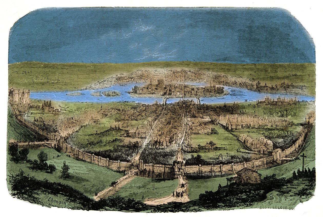 Generell utsikt over Paris med innhegningen under Philippe Auguste, gravering 1800-tallet av Unknown artist