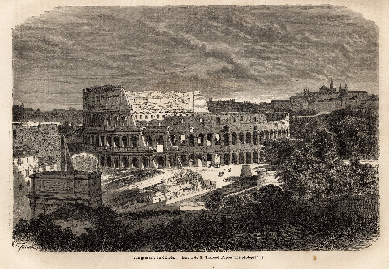 Generell utsikt over Colisee, i Roma, Flavian amfiteater ferdigstilt i 80, under keiser Titus regjeringstid, med plass til opptil 75 000 mennesker, det forble i tjeneste til det 6. århundre, symbol på imperiale Roma, som ligger øst for Forum Romanum, det e av Unknown artist