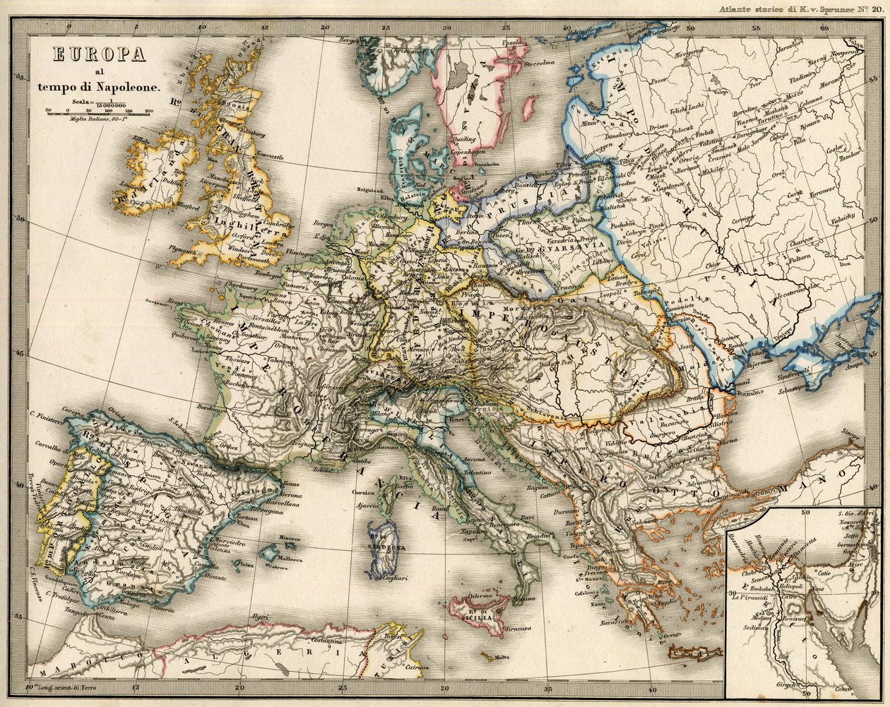 Geografisk kart over Europa på tiden til Napoleon I. I "Atlante Storico Geografico" av K. von Sruner av Unknown artist