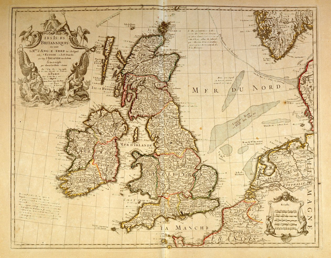Geografisk kart som representerer England og Irland. Atlas av G. Delysle av Unknown artist